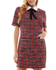 City Studio Dress Womens Jr Sz 11 Red Holiday Plaid Tweed Round Neck Back Zipper