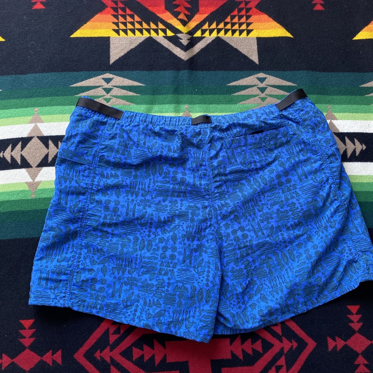 Vtg Patagonia 1992 River Shorts Baggies Tribal Print Blue Sz
