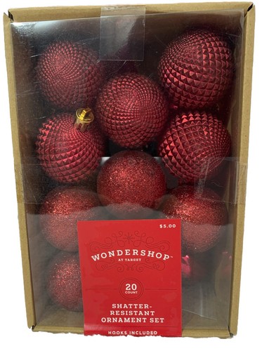 Wondershop- Christmas Red Shatter Resistant Ornament Set Glitter 20ct Hooks Incl - Picture 2 of 5