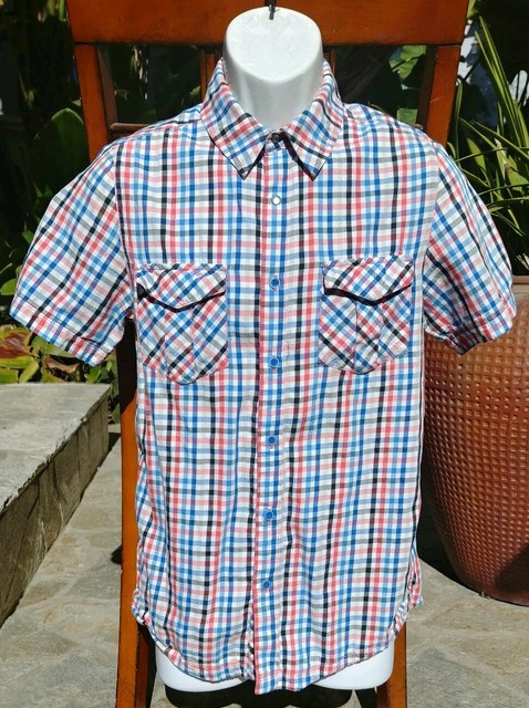 ADIDAS Men's Red Blue Checkered Button Front Shirt Short Sleeve Size Small | eBay
