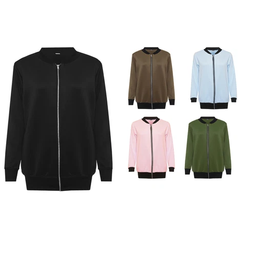 Women's Plus Plain Bomber Jacket Ladies Basic Long Sleeve Zip Up Elasticated Top