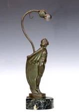 Vintage Max Le Verrier Bronze Sculpture Lamp "Radiator Mascot Lady Sailing"