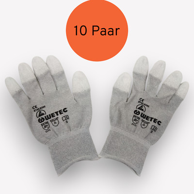 10 Paar WETEC ESD Handschuhe, PU beschichtete Fingerkuppen, Carbonfaden Gr. S