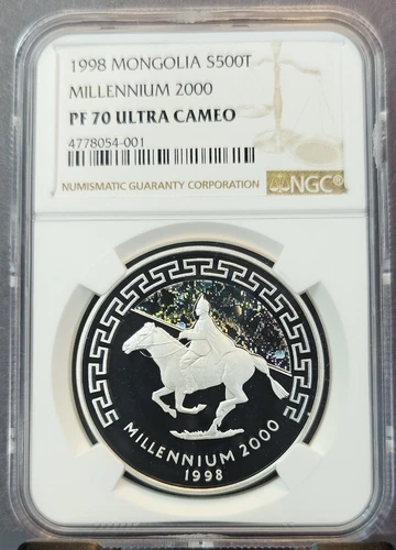 1998 MONGOLIA SILVER 500 TUGRIK MILLENNIUM 2000 NGC PF 70 ULTRA CAMEO PERFECTION