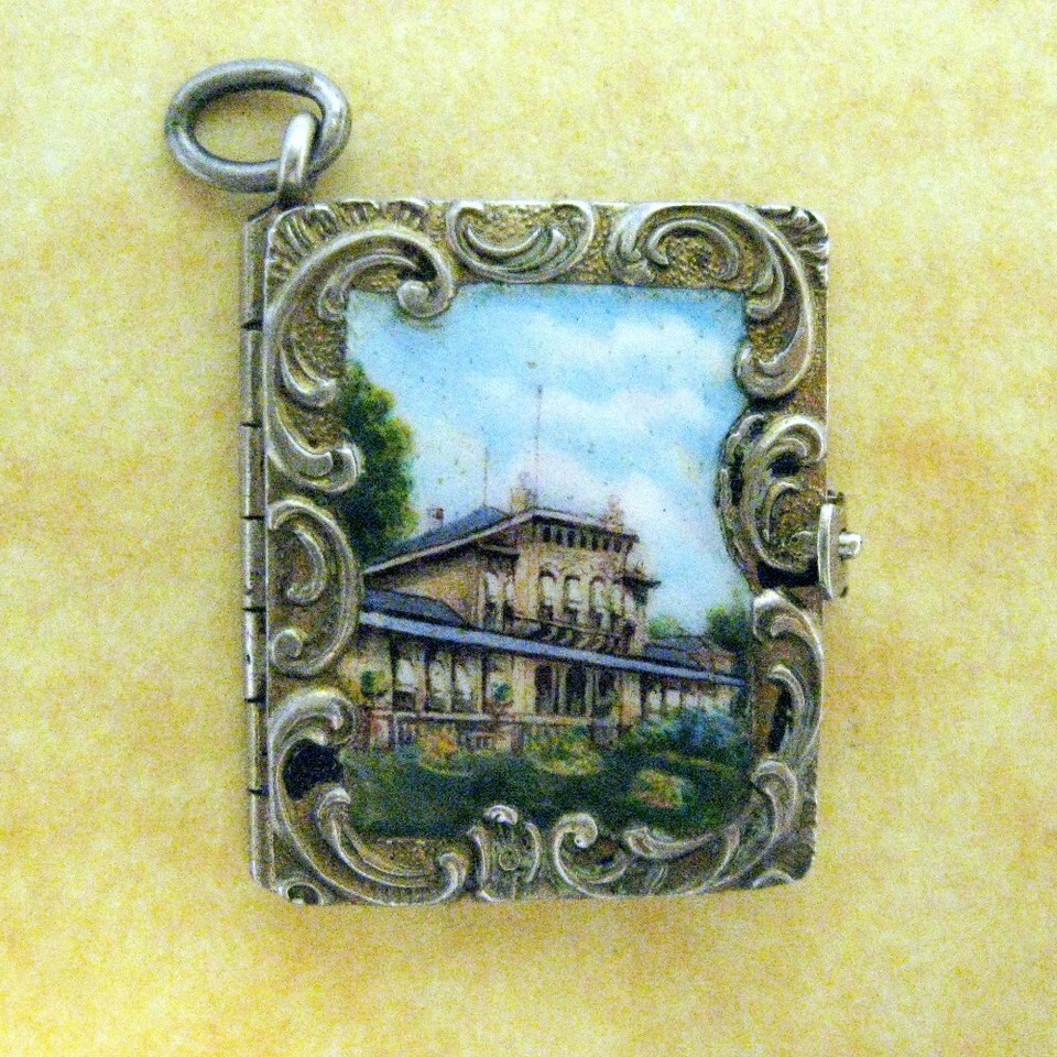 Antique Art Nouveau German Silver Enamel Souvenir Book Locket Charm Bad Nauheim