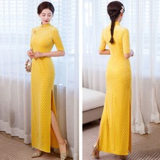 Chinese Women Maxi Slit Dress Cheongsam Half Sleeve Qipao Velvet Check Fitted