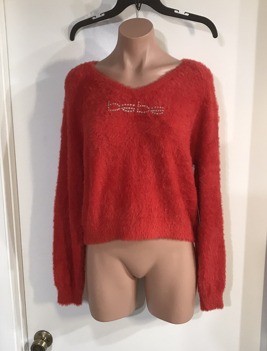 ♡bebe♡ 0912 NWT Bebe Red Fuzzy Sweater With Bebe In Clear Stones