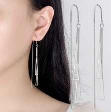 Silver Plated Tassel Threader Triangle Geometric Dangle Drop Pull Earrings XJ12