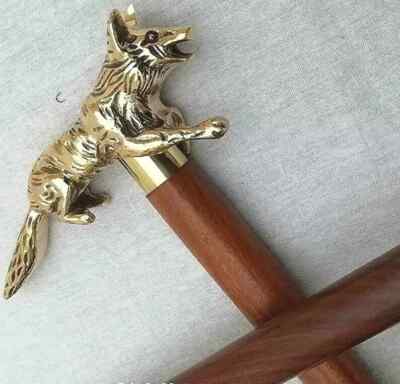 Antiker Designer Messing Wolfskopf Griff Holz Gehstock Bester Herr