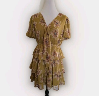 Mimi Chica Tiered Dress Size Large Floral Mustard Metallic Sparkle Threads Lined