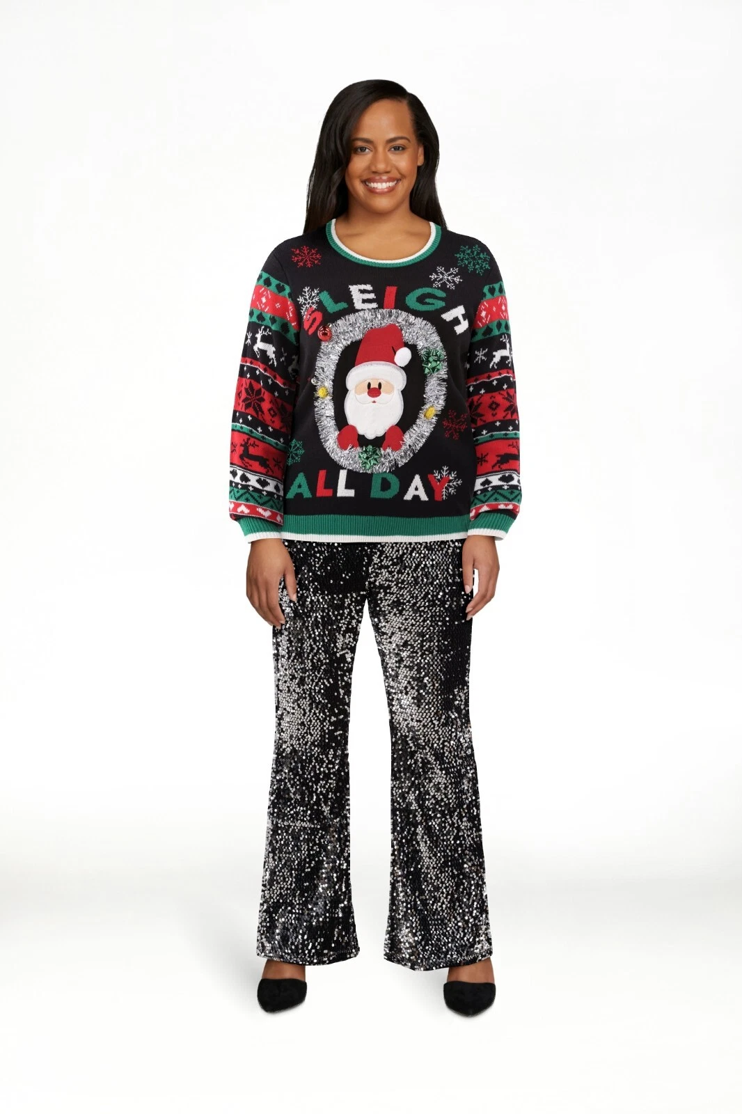 No Boundaries Women's 'Santa Sleigh All Day' Ugly Christmas Sweater, SZ L(12-14)