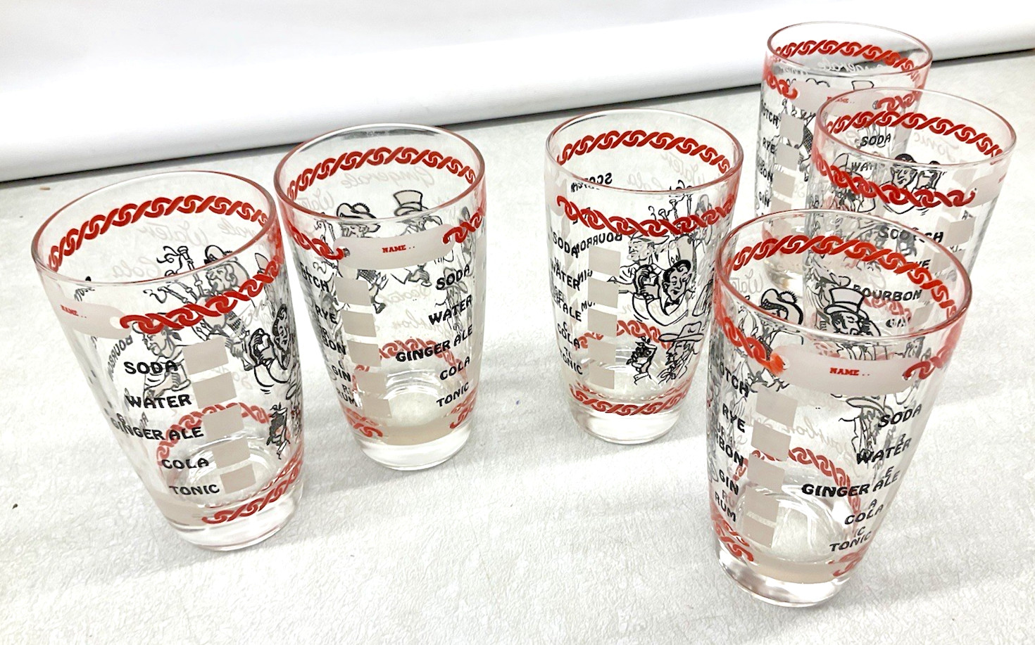 6 Vintage Cocktail Bar Back Drink Liquor Illustrated Novelty Glasses Drinking