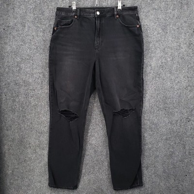 American Eagle Jeans Women 14 Black Mom Hi Rise Strigid Stretch Distressed Denim