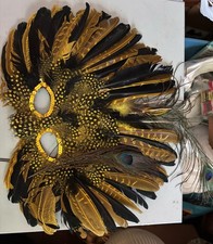 Mardi Gras Mask Yellow and Black feathers Handmade, elastic ties