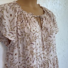 Loft  Petite Dress Blush Pink Tan Floral Lined  Size Large Cottage Peasant Comfy