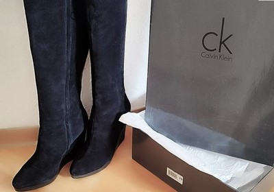 Calvin Klein CK Stiefel Keilabsatz Echtleder schwarz extra langer Schaft neue!