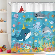 Fish 72Wx72H Shower Curtain Fun Cartoon Whale Cute Blue Sea Ocean Shark Octop...