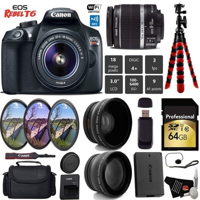 Canon EOS Rebel T6 DSLR Camera 18-55mm is II Lens + UV FLD CPL Filter Kit +...