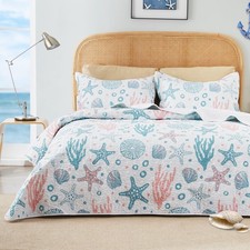 Twin Quilt Bedding Set Coastal Pink Bedspreads - Soft Bed Summer Beach Nautic...