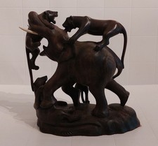 Gro&szlig;e Holzfigur Elefant mit Raubkatzen Afrika Handarbeit 34 cm massiv