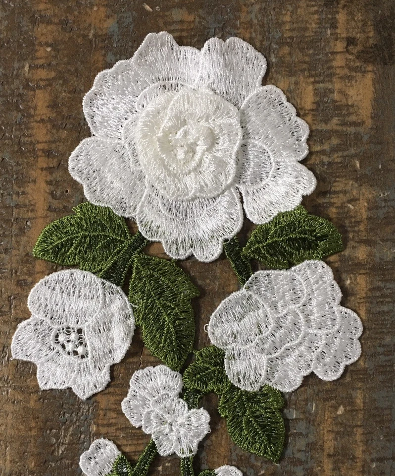 LONG STEM WHITE ROSE Flower Plant Floral Roses Buds Garden Applique Patch 12X5 - Image 2 of 4