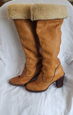 Vintage 70 s Zodiac Brown Leather Shearling Trim Knee High Campus Boot Size 8
