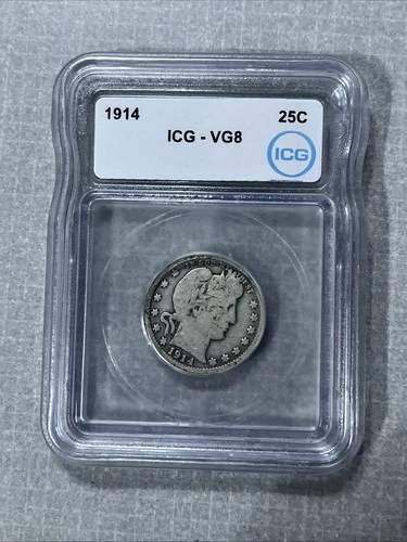 1914 ICG - VG8 Barber Quarter 90% Silver Very Good