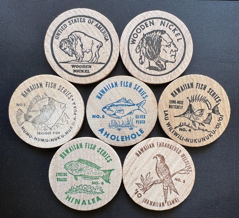 Lot of 7 different Hawaii State Numismatic Association Coin Show Wooden Tokens