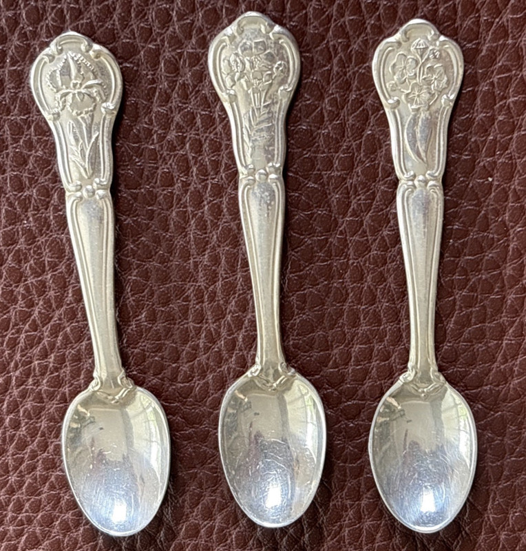Franklin Mint State Flower 2.5" Sterling Set of 3 Salt Spoons 13g "MO" "TN" "PA