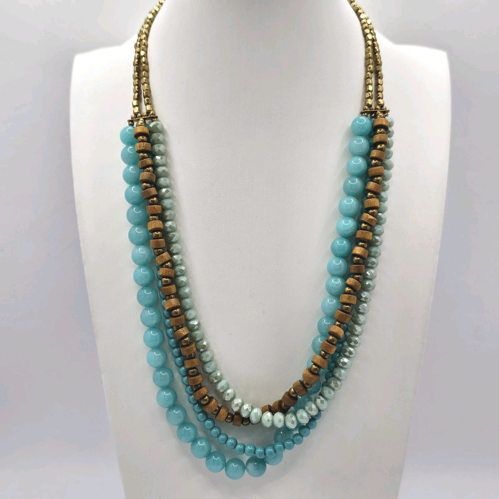 Multi-Strand Beaded Statement Necklace Blue Aqua … - image 1