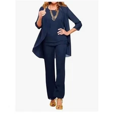 Navy Blue Chiffon 3 Piece Pant Suit Set Mother of Bride Dressy Outfit