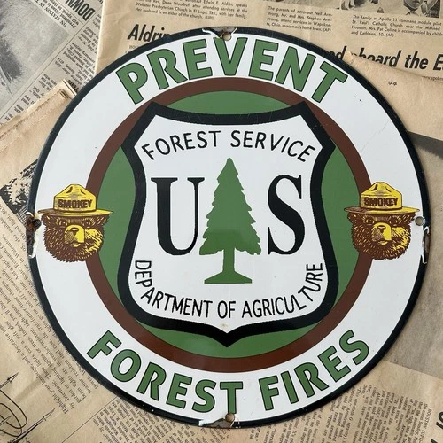 VINTAGE SMOKEY THE BEAR PREVENT FOREST FIRES 12 INCH PORCELAIN ENAMEL SIGN
