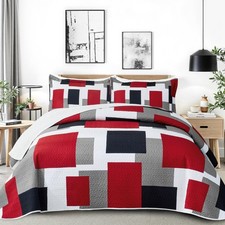 3 Piece Red Black Grey Quilt Set King Size Red and White Geometric Reversible...