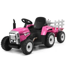 Honeyjoy 12V Kids Ride On Tractor with Trailer Ground Loader w/ RC & Lights Pink