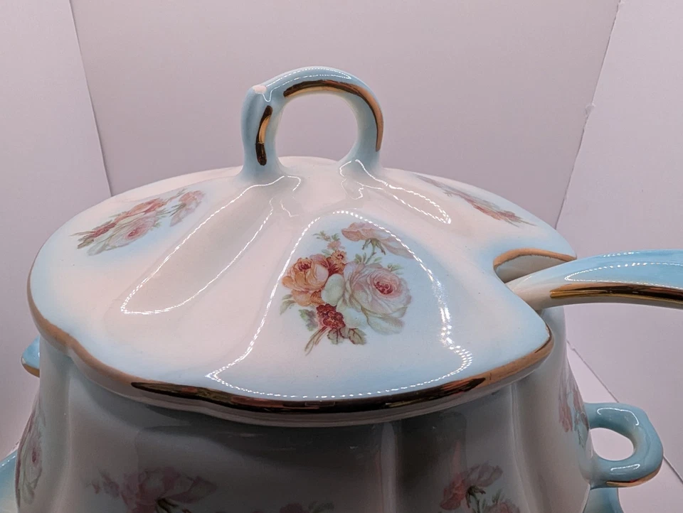 Sopa y plato floral vintage imperial azul aguamarina y oro pesado EE. UU. Foto 4 de 4