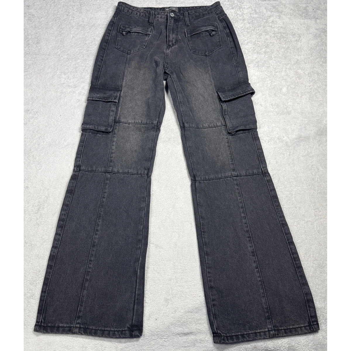 ⭐︎yuu⭐︎ White Fox Cargo Jeans Womens Small Black Flare Wide Leg Utility