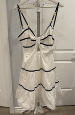 White Cotton Tiered Mini Dress Black Contrast Trim Keyhole M  New