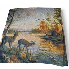 Wilderness deer lake cabin outdoors tapestry curtain 