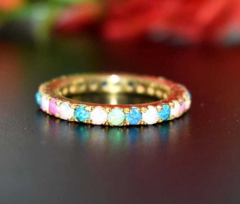 Sterling silver multi-color opal eternity wedding band for women-image