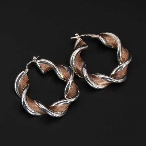 MILOR 925 Sterling Silver 2-Tone Italy Cable Braided Twisted Hoop Earrings - Picture 2 of 6