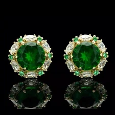 3Ct Round Lab Created Emerald Diamond Halo Stud Earrings 14K Yellow Gold Plated