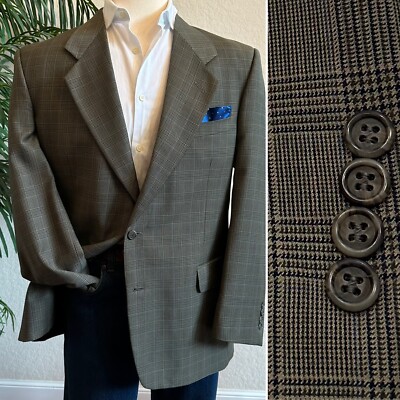 ROBERTO VILLINI BLAZER SIZE 46 GLEN CHECK SPORT COAT OLIVE ITALIAN SUIT JACKET