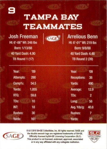 2010 SAGE Squared Teammates Josh Freeman/Arrelious Benn Tampa Bay Buccaneers #9 - Picture 2 of 2