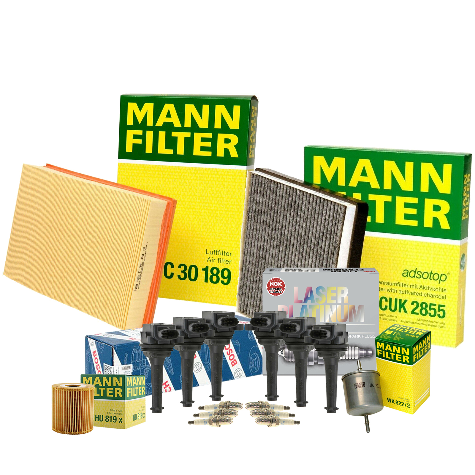 Mann Filters Bosch 6 Coils NGK 6 Laser Platinum Spark Plugs Tune Up Kit For S80