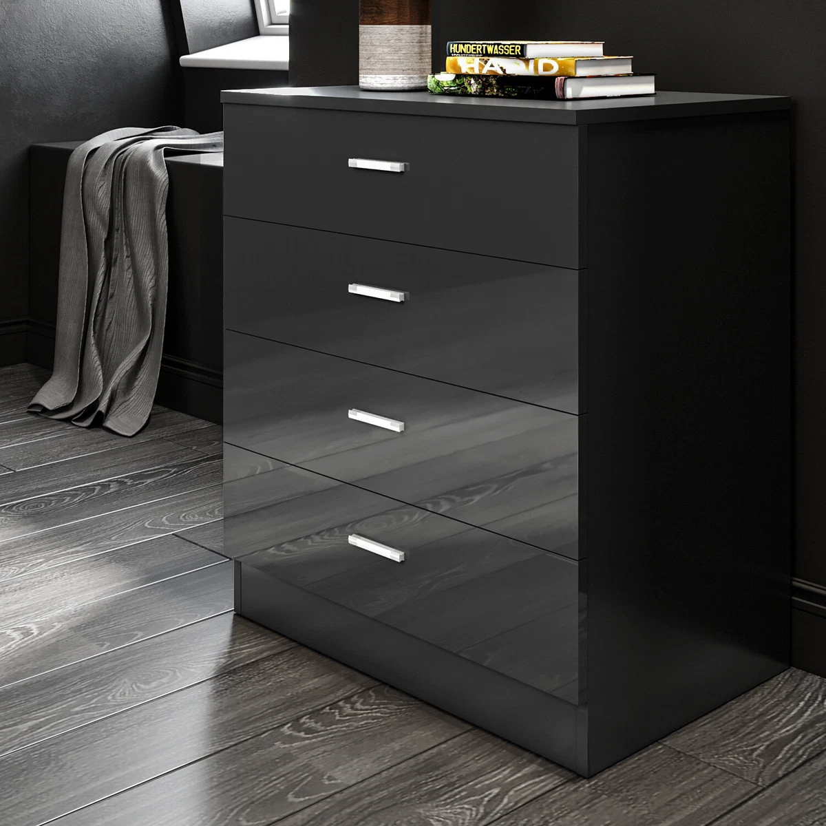 Chest of Drawers Black 4 Drawer Bedroom Furniture Clothes Organiser Storage