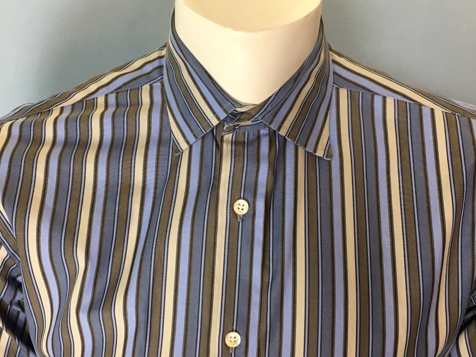 Мужская Hartford лучшие ткани хлопок французский манжеты большая рубашка синий бежевый в полоску - Изображение 3 из 4
