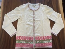 New Appleseeds Cardigan Sweater Sz Small Ivory Pink Green Classic Cotton Button
