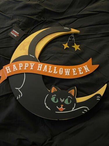 Panneau de décoration murale pour célébrer Halloween ensemble chat noir dans la lune  - Photo 1 sur 4