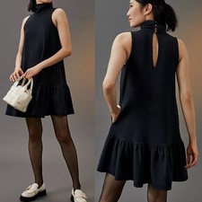 Anthropologie Maeve Flounced Mock Neck Mini Dress Black Womens Size Large Shift