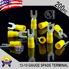 200 Pack 12-10 Gauge Vinyl Spade Fork Crimp Terminals #8 Stud Tin Copper Core UL
